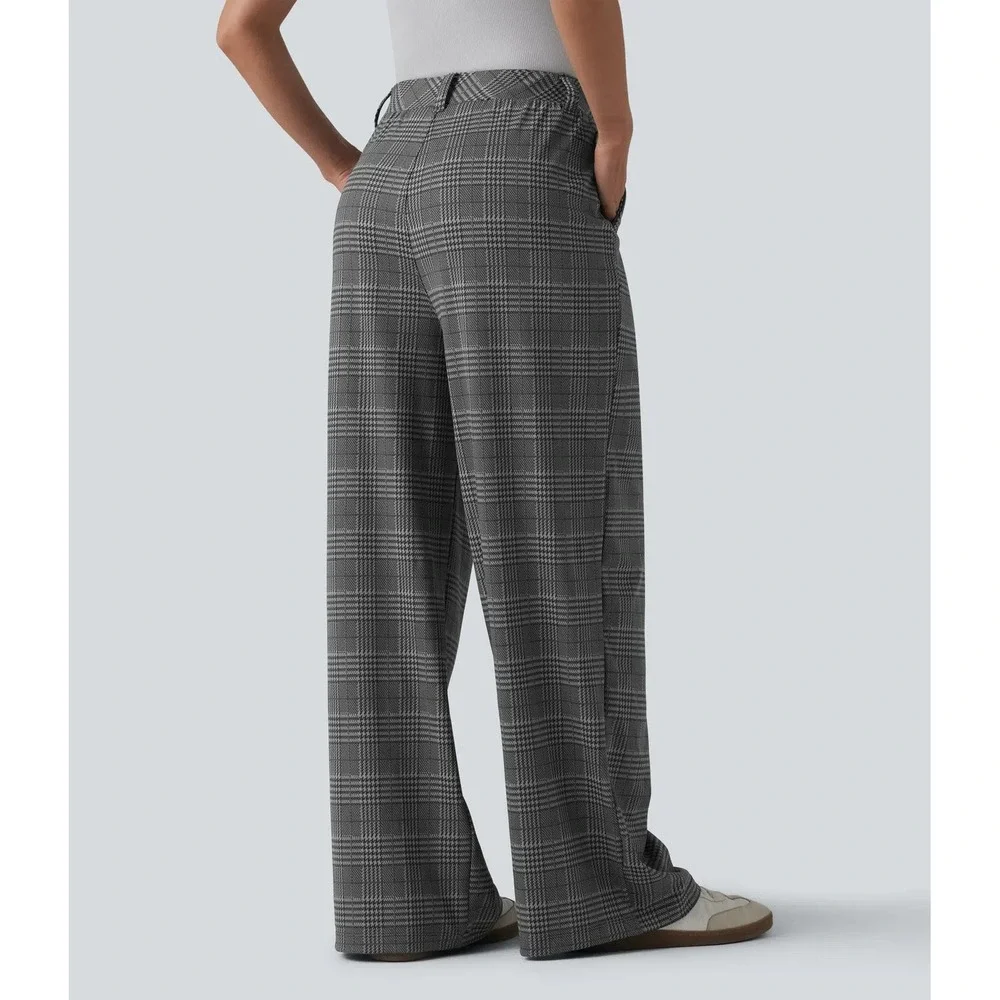 Halara Gray Plaid Wide Leg Trouser Pants High Rise Career Chic S